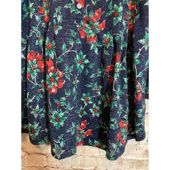 Kim Rogers Popover Top Womens Medium Glitter Holly Christmas Print Roll Tab - Picture 5 of 13